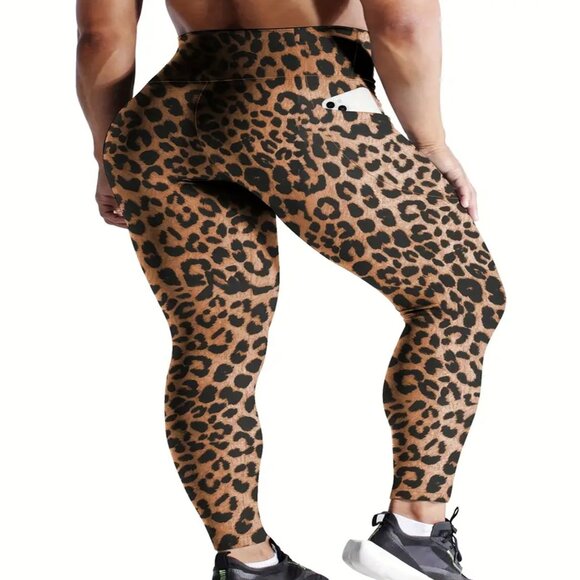 Women Premium 7/8 Length Plus Compression Leggings w/Pockets Leopard Print 1X - Picture 2 of 3